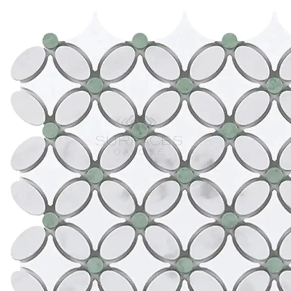 Thassos Supreme Florida Flower Mosaic (Thassos Supreme +White Carrara(Oval)+Ming Green (Dots)) Marble-American Stone