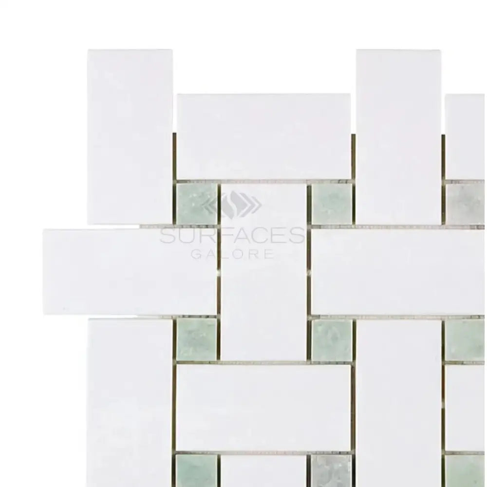 Thassos Supreme Large Basketweave Mosaic (w/ Ming-Green) Mosaic Marble-American Stone