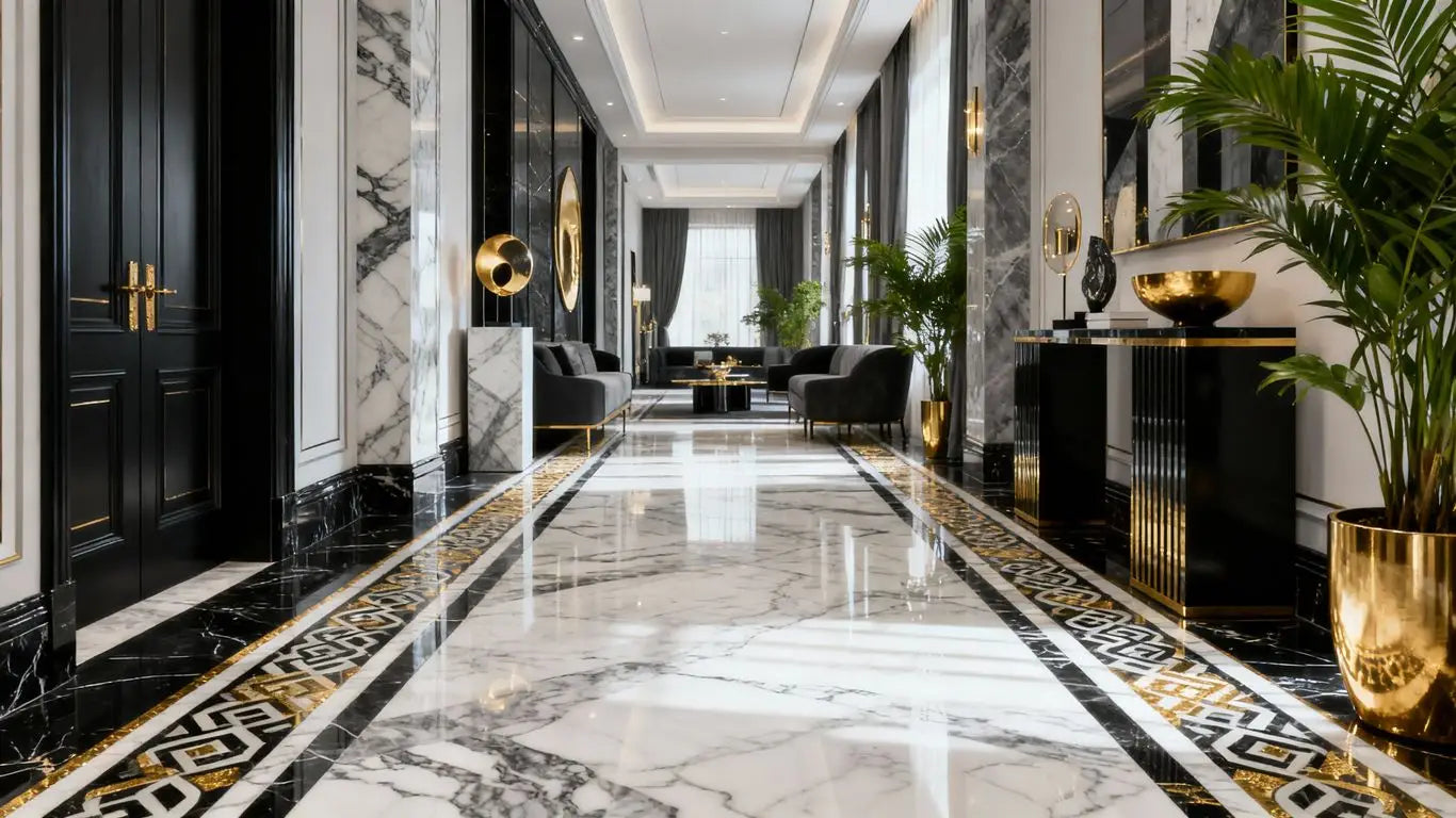 Marble border designs in a luxurious modern hallway