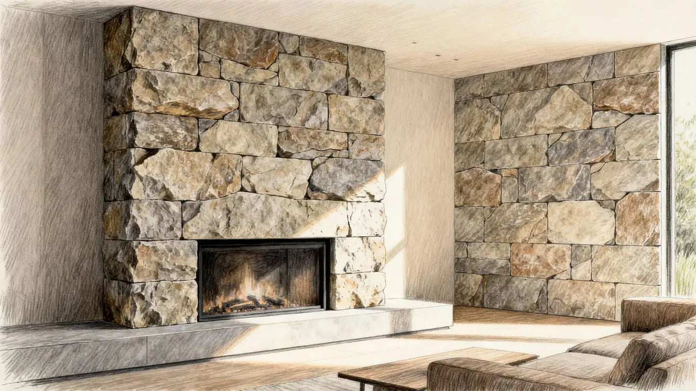 Modern home interior with rock tile accents.