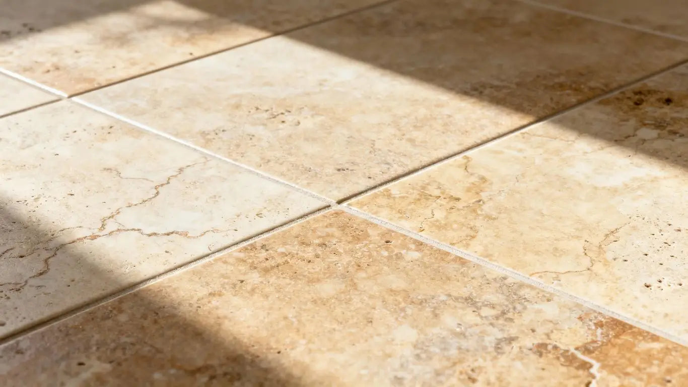 Porcelain tiles with a realistic travertine stone appearance.