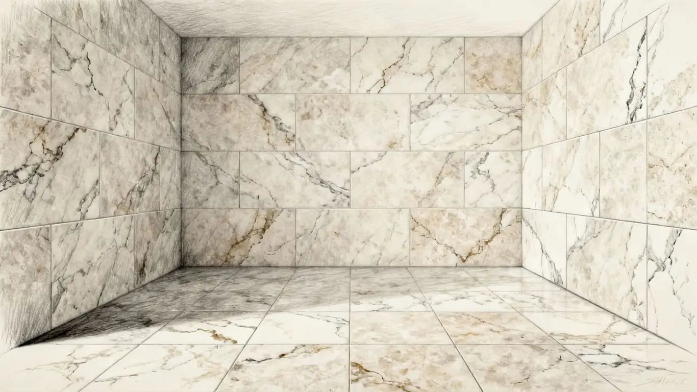 Limestone look porcelain tiles in an elegant room sketch.