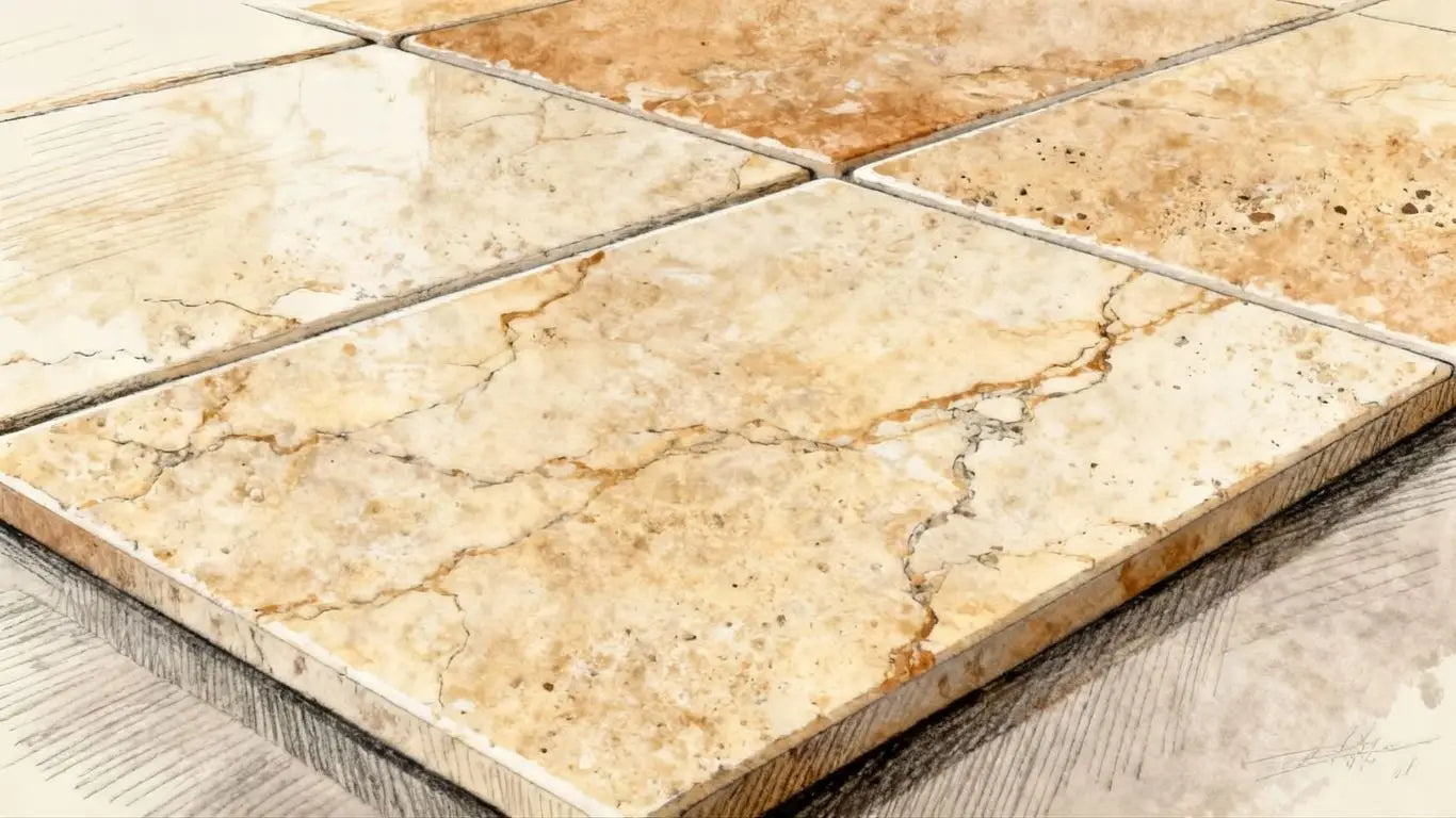 Travertine porcelain tiles with natural veining and texture.