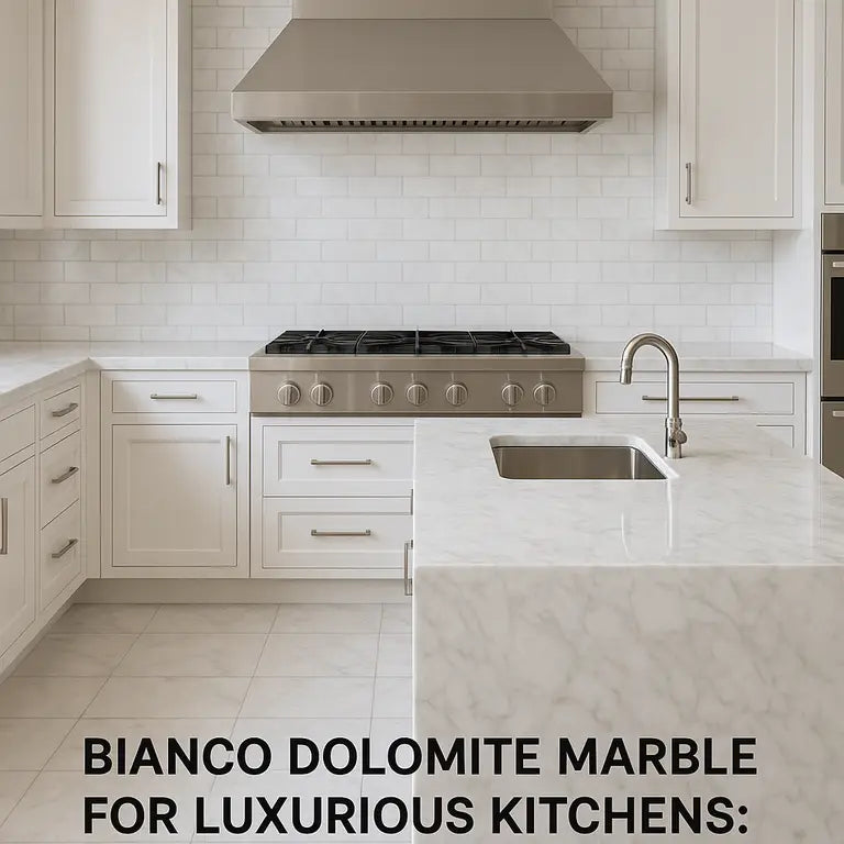 Luxurious white kitchen featuring Bianco Dolomite Marble countertops and modern design