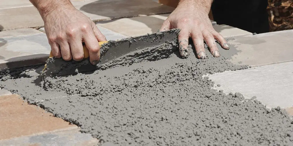 Applying gray grout between patio pavers for outdoor tile project