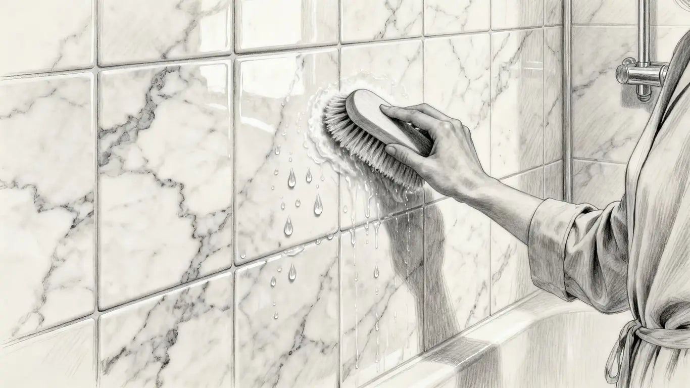 Boceto de limpieza de una ducha de baldosas de mármol.