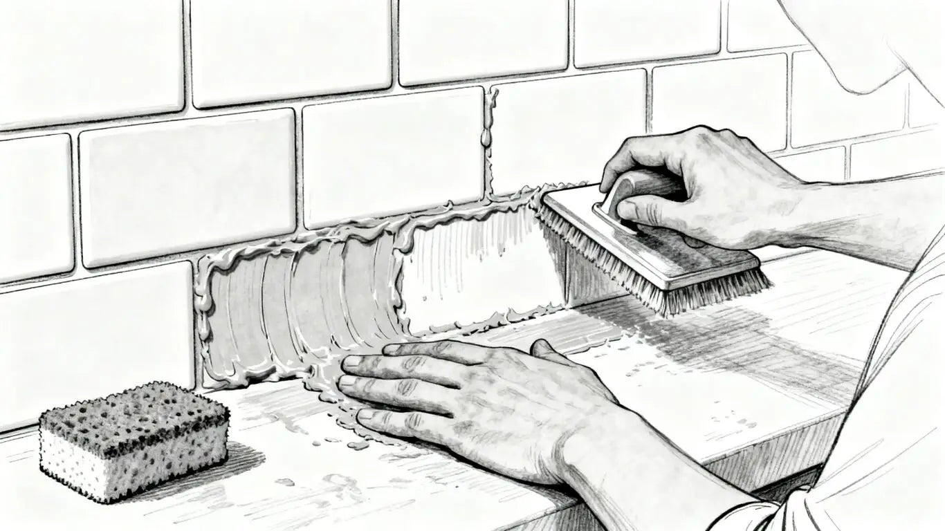 Aplicando lechada a un salpicadero de cocina.