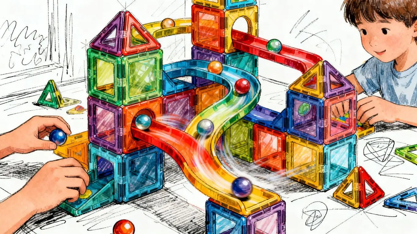 Circuito de canicas con baldosas magnéticas con niños construyendo y jugando.