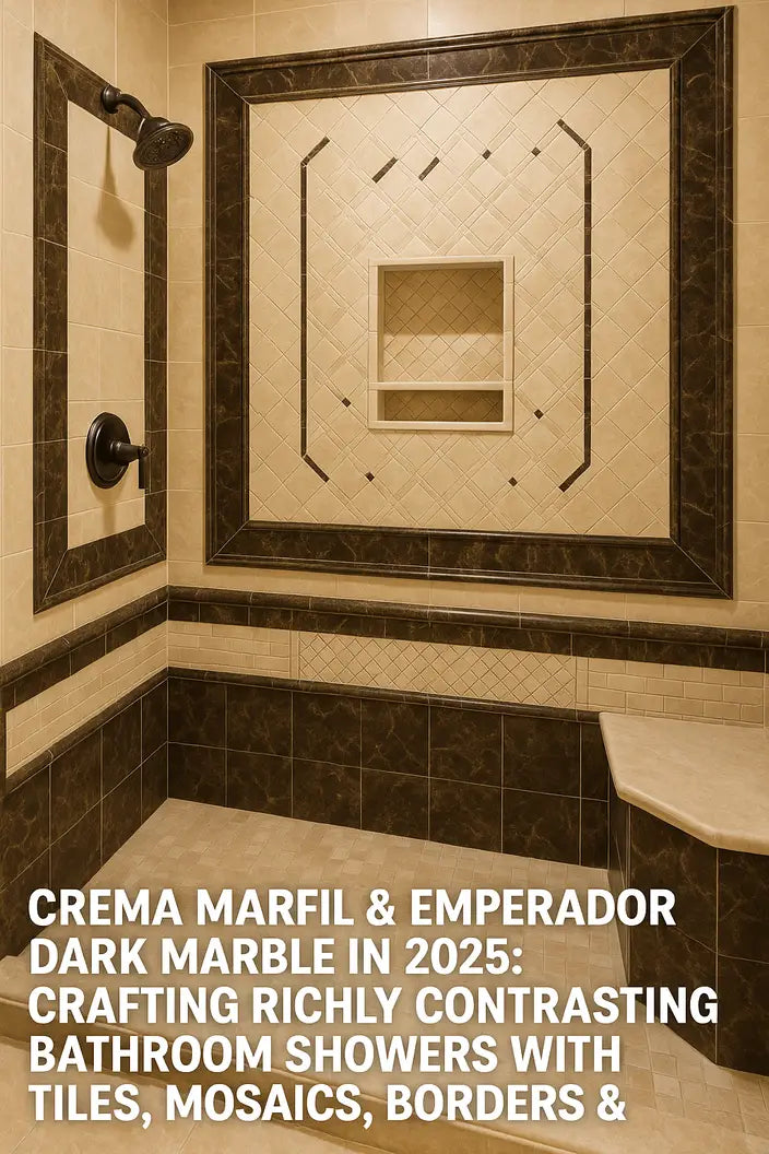 Luxurious tiled bathroom shower with Crema Marfil and Emperador Dark Marble surfaces