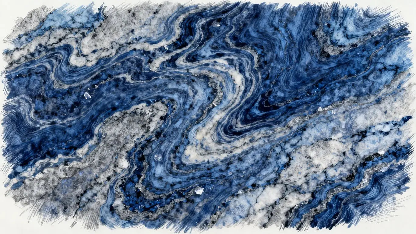 Boceto de cuarcita Tempest Blue con patrones azules y grises.