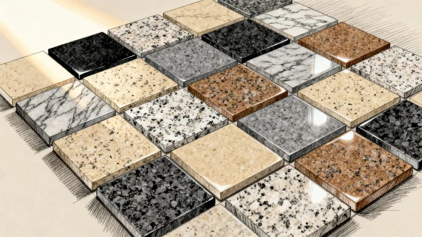 Various 12x12 granite tiles in different styles.