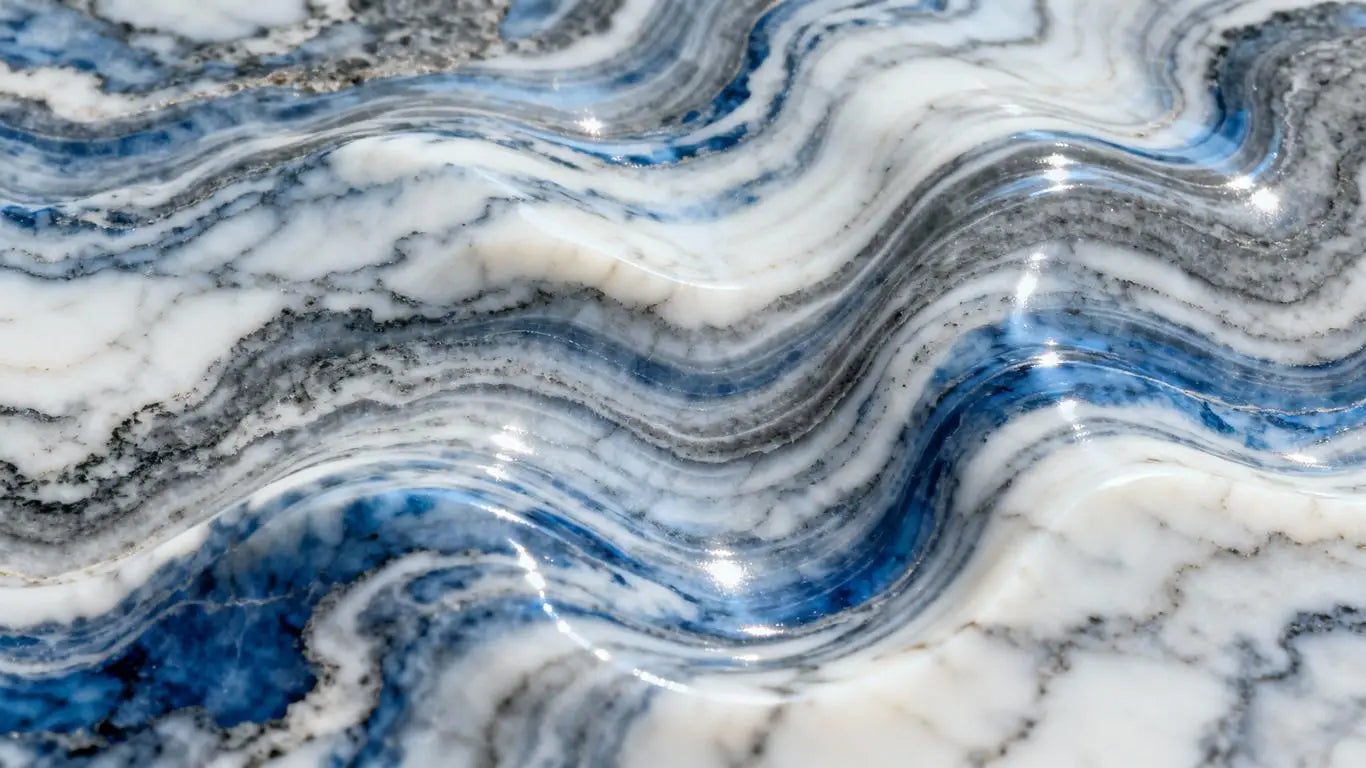 Florida Wave Quartzite with blue, white, and gray swirls.