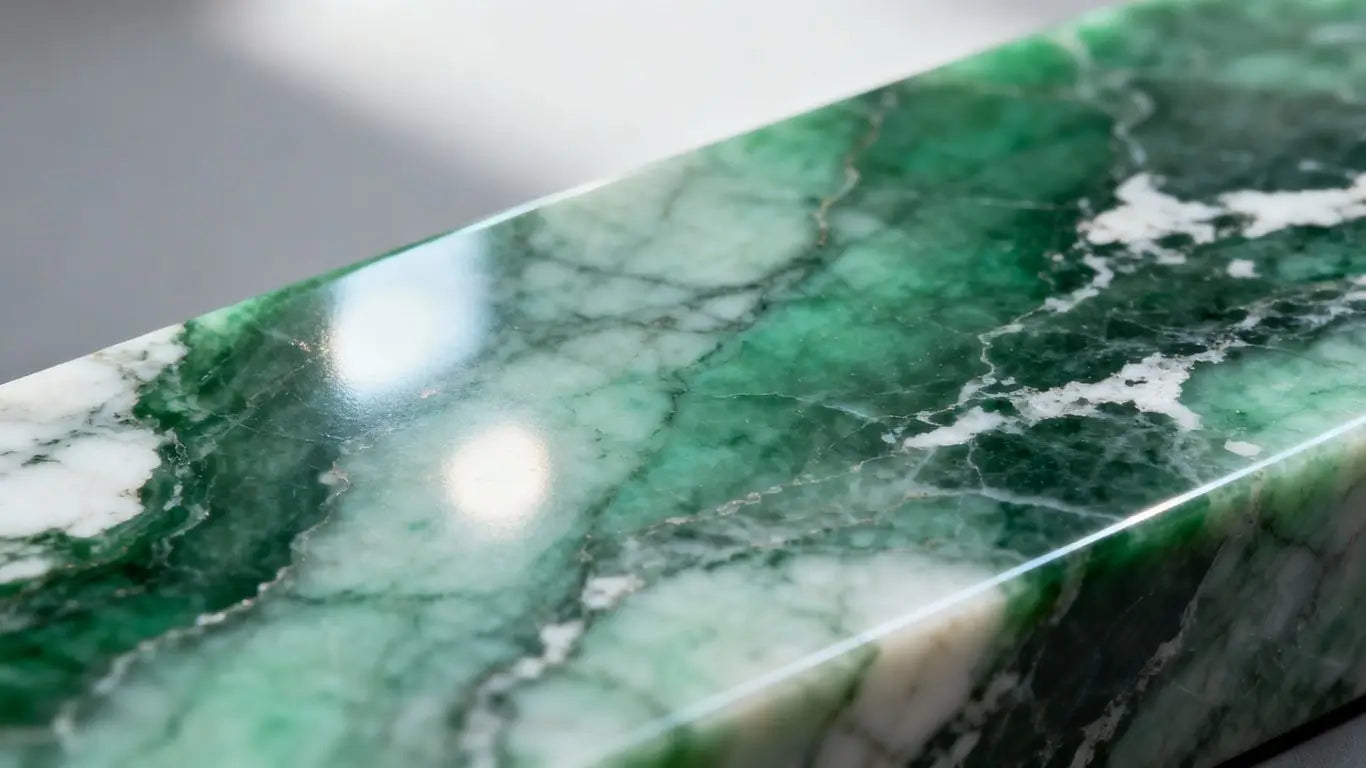 Polished Ming Green marble with natural green veining.