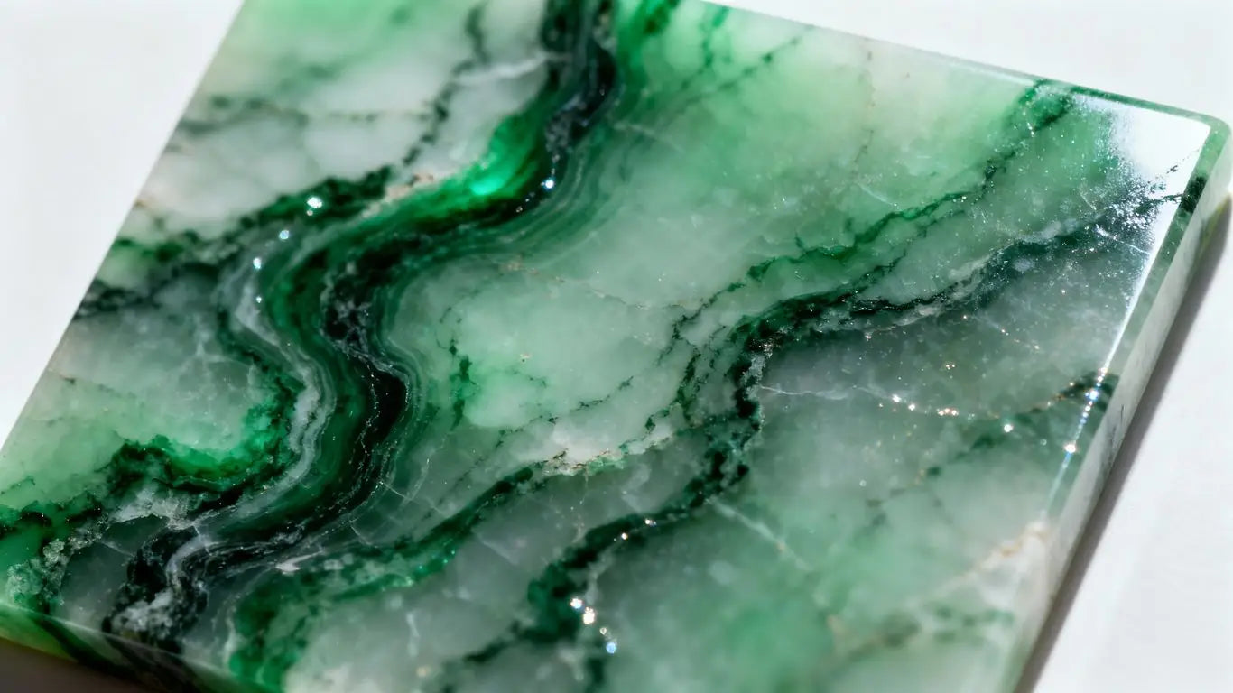 Polished Ming green marble tile with deep green veins.