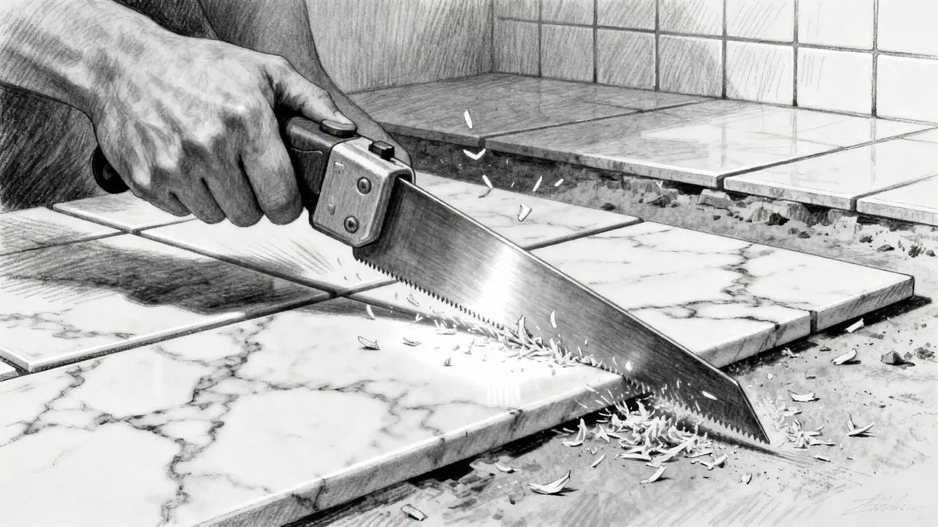 Boceto de corte de baldosa de mármol con un cortador de baldosas.
