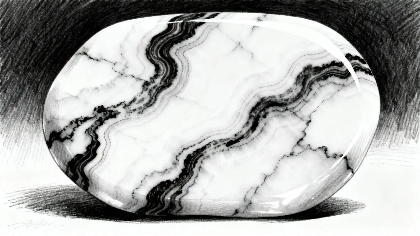 Piedra ónix blanca con vetas negras, boceto ilustrativo.
