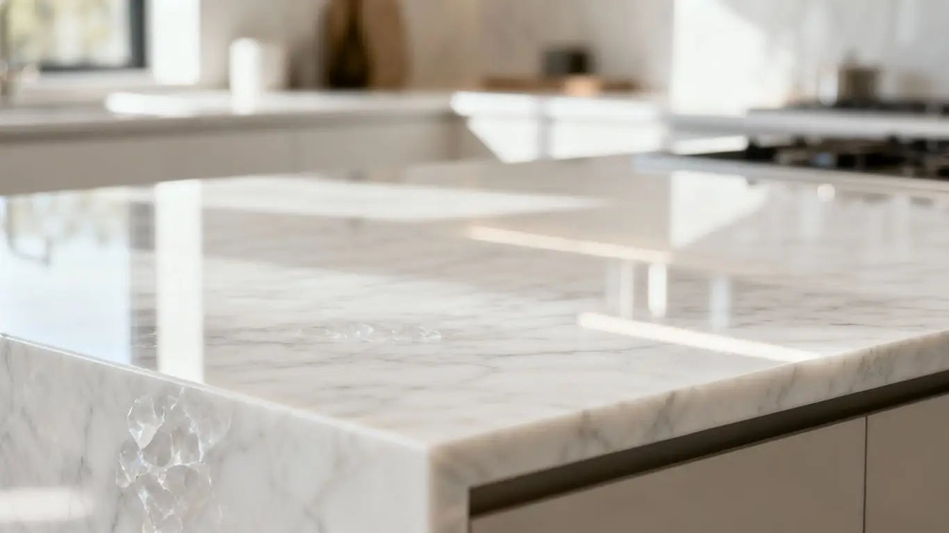 Encimera de cuarcita de cristal blanco en una cocina moderna.