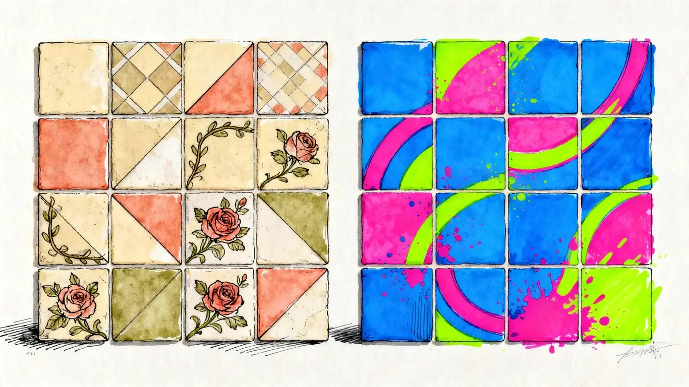 Diseños clásicos y contemporáneos de azulejos americanos en estilo boceto.