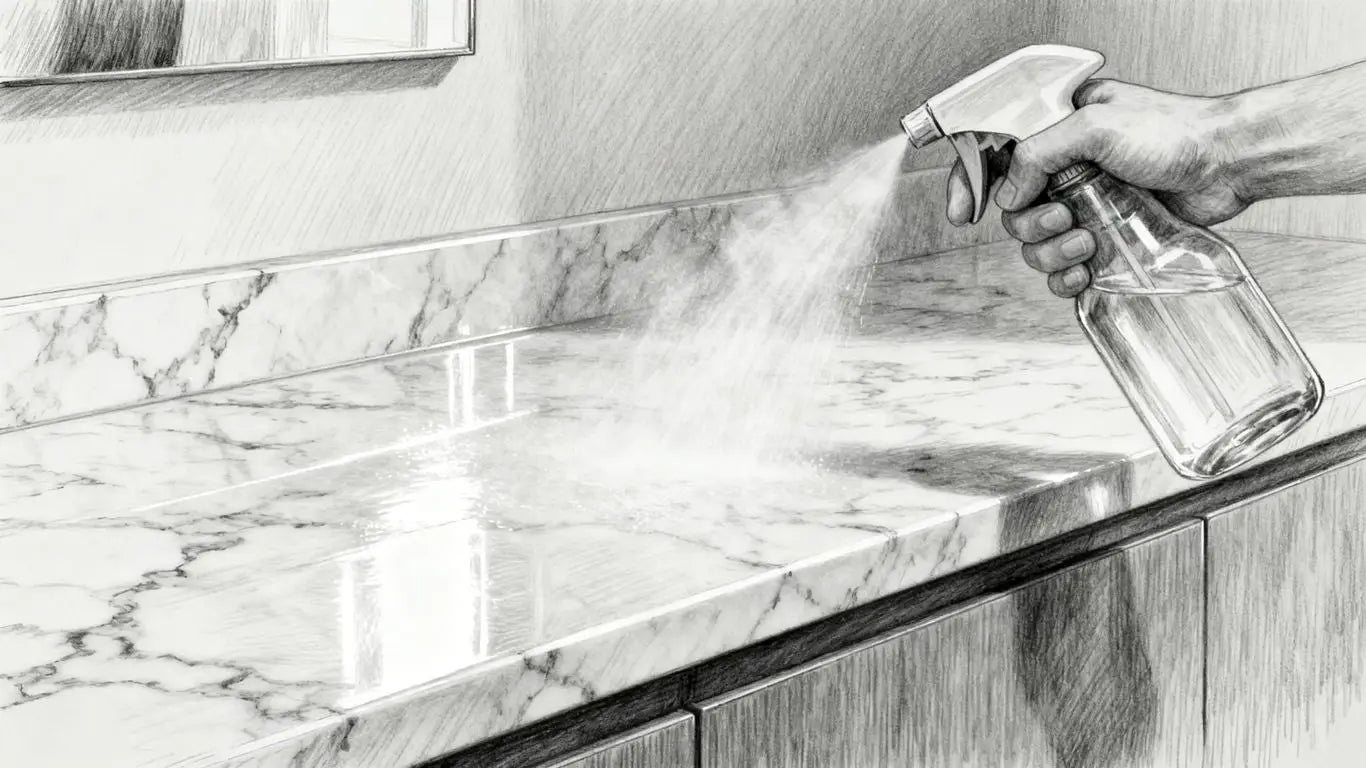 Encimera de mármol brillante con botella de spray limpiador.