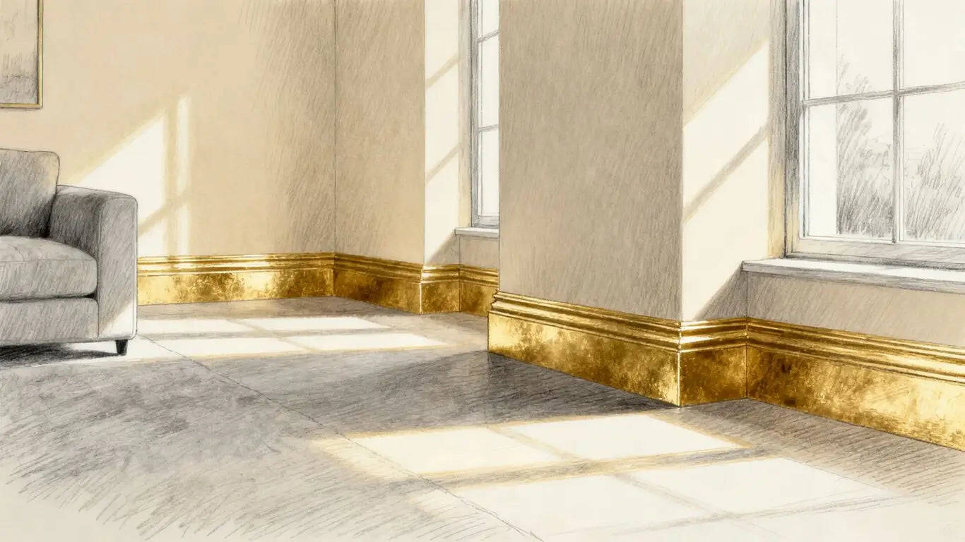 Rodapiés dorados en un boceto de interior de casa moderna.