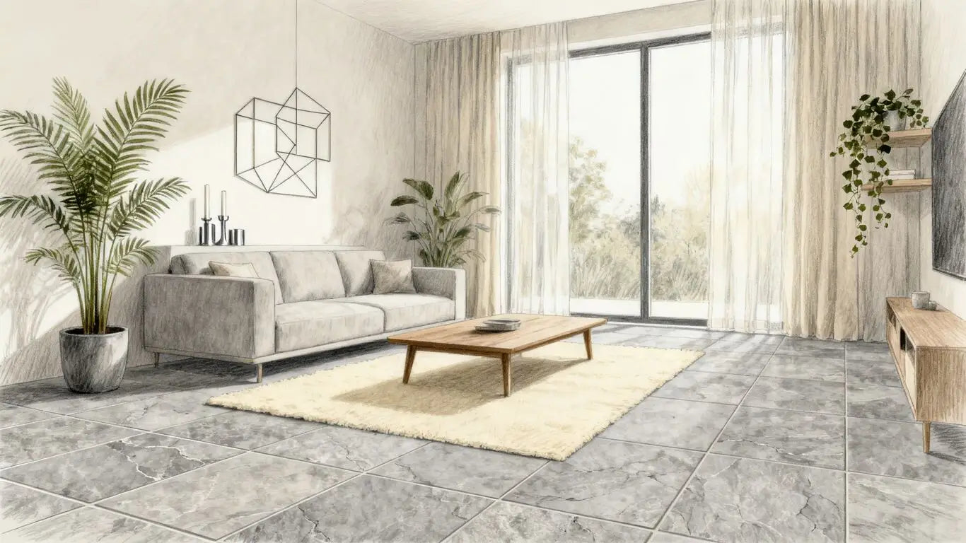 Boceto de sala de estar con pisos de baldosas de cuarcita gris