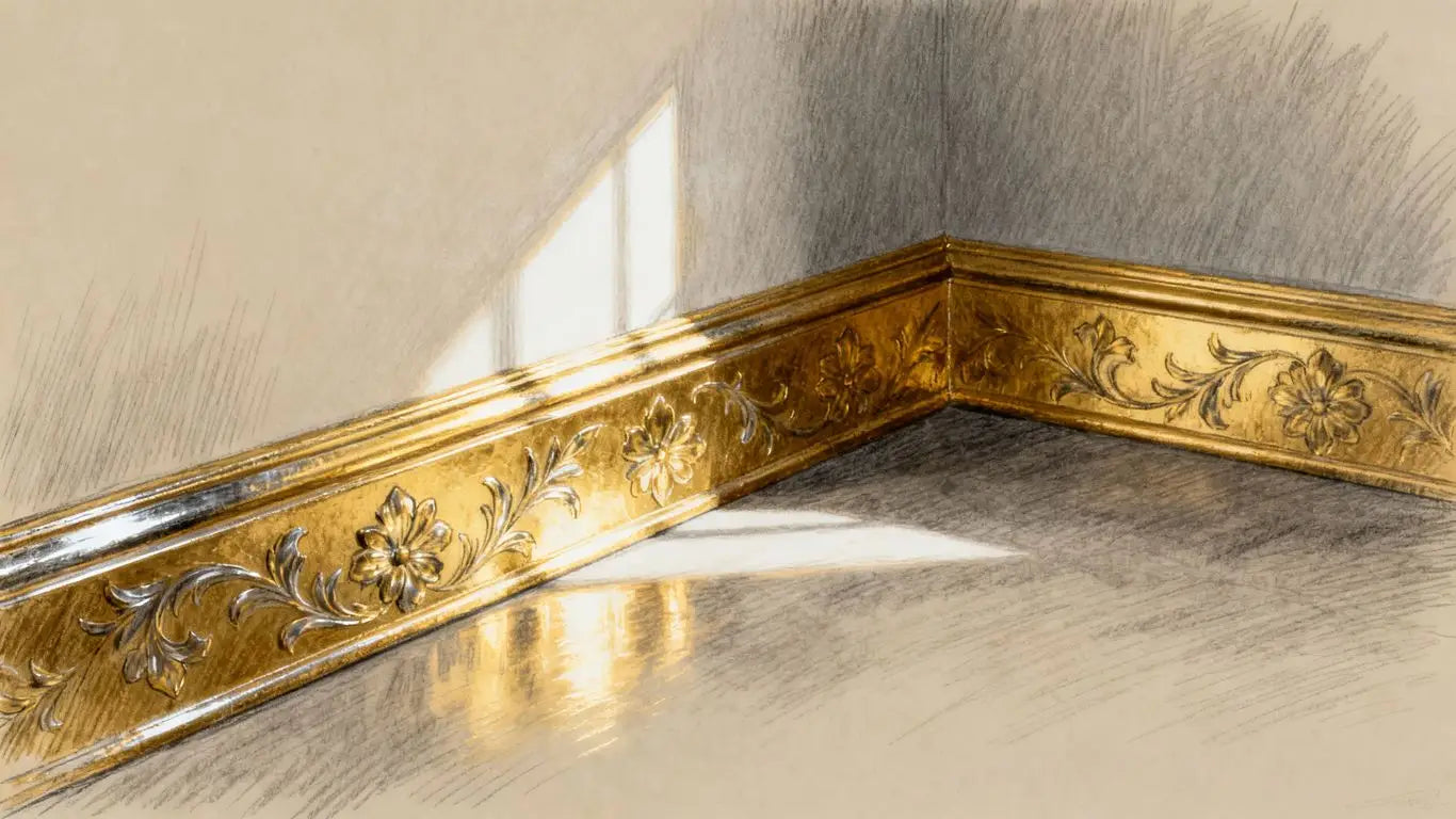 Gold baseboard trim accentuating a room corner.