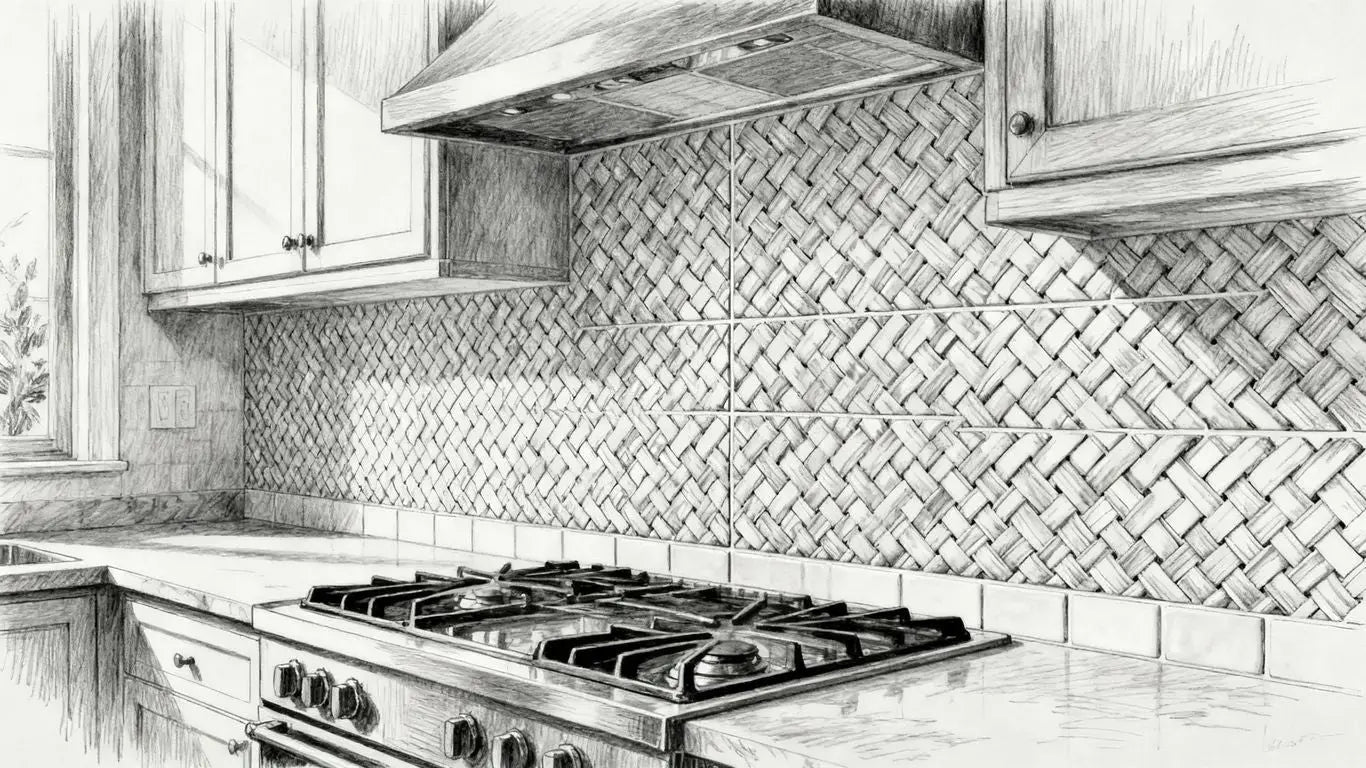 Kitchen backsplash with chic basketweave tile pattern.