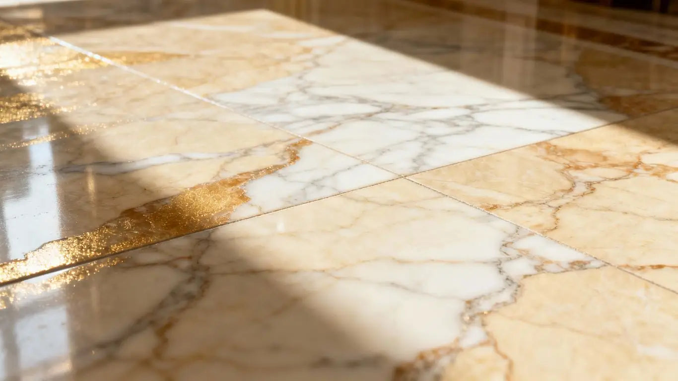 Polished Botticino marble floor with elegant veining.