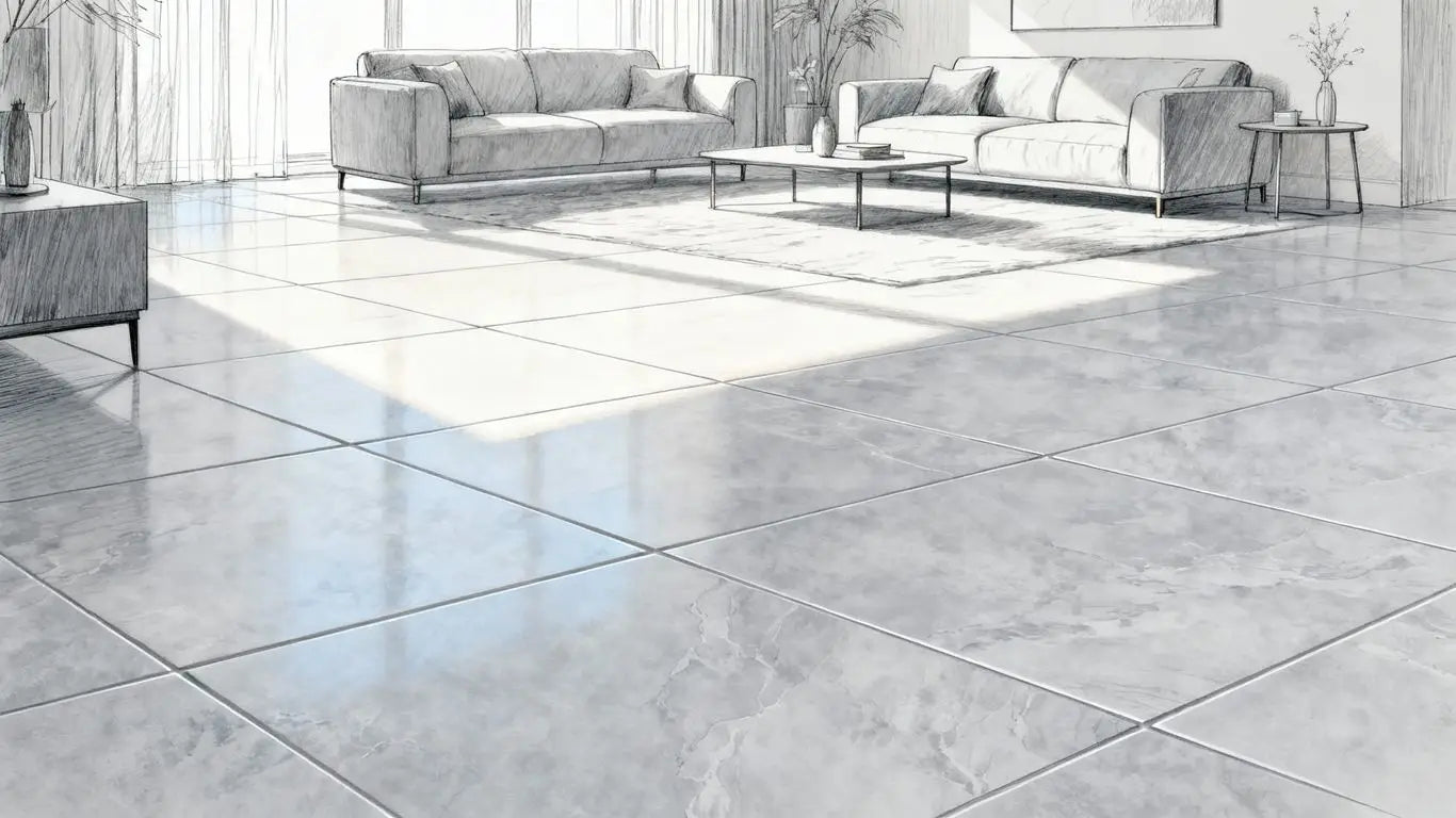 Light grey floor tiles in a modern room sketch.