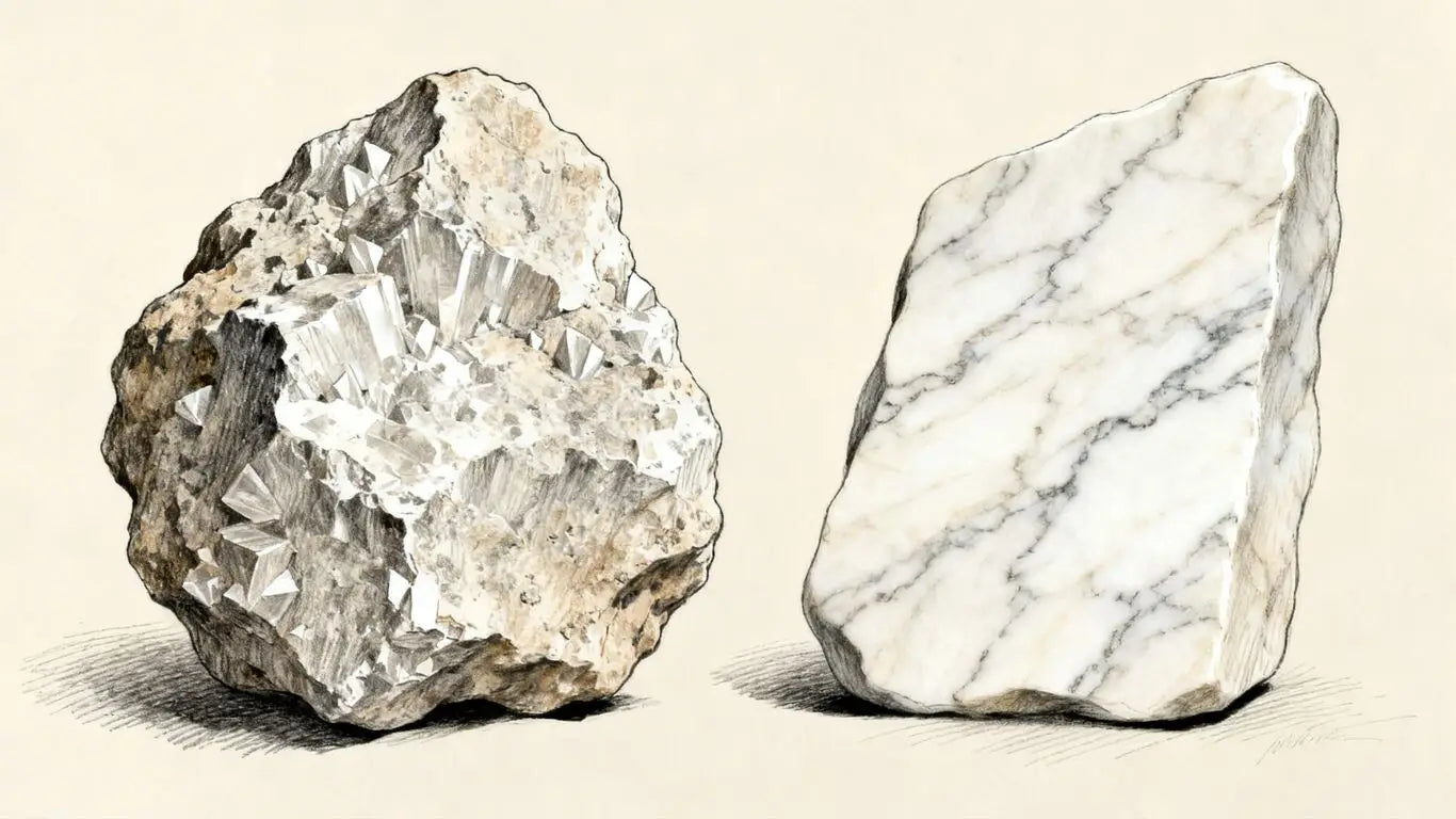 Boceto comparativo de roca de dolomita frente a losa de mármol