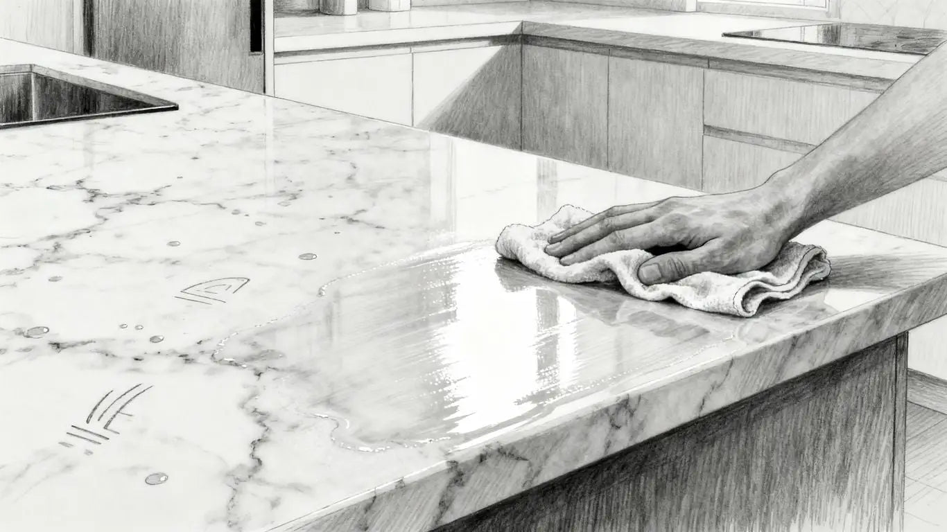 Polishing a marble countertop to restore its shine.