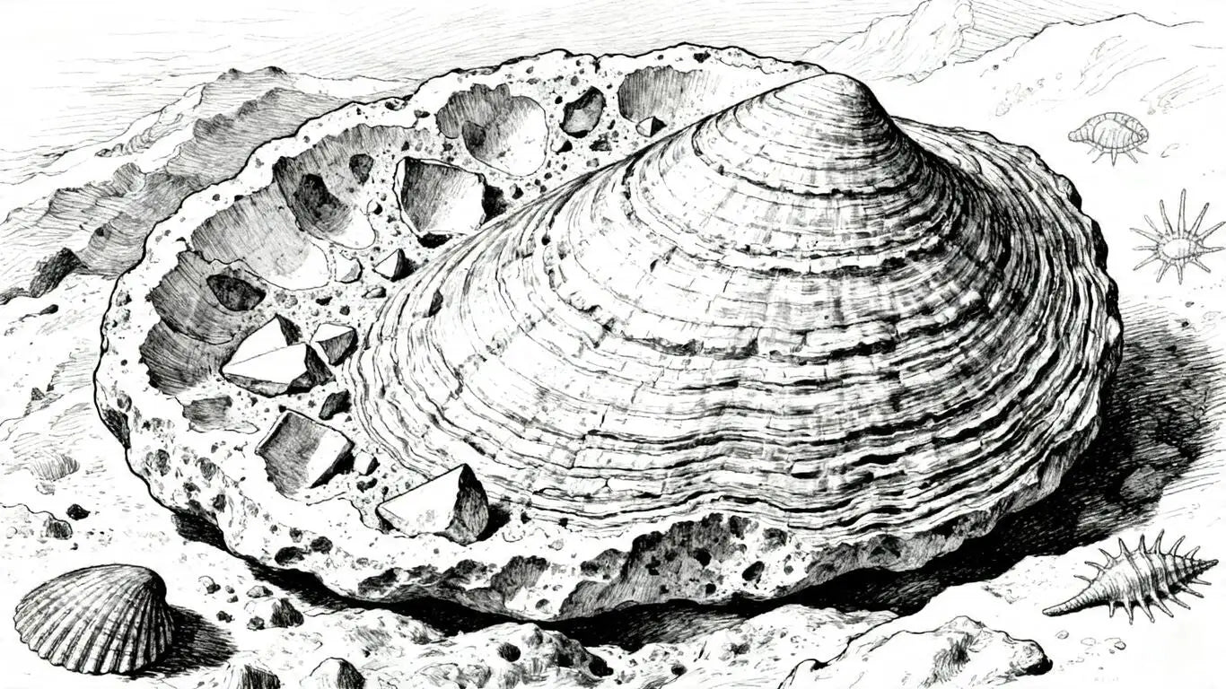 Boceto de sección transversal de concha de piedra caliza con fragmentos fósiles.