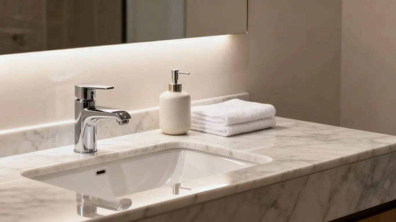 Modern bathroom vanity top with marble countertop and chrome faucet.