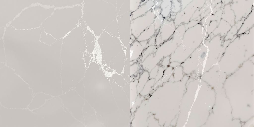 Two artificial stone slabs: light gray with white veins vs white with black-gray veining