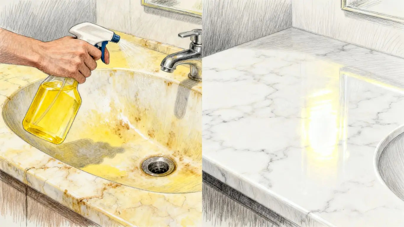 Yellowed cultured marble sink being cleaned to a bright finish.