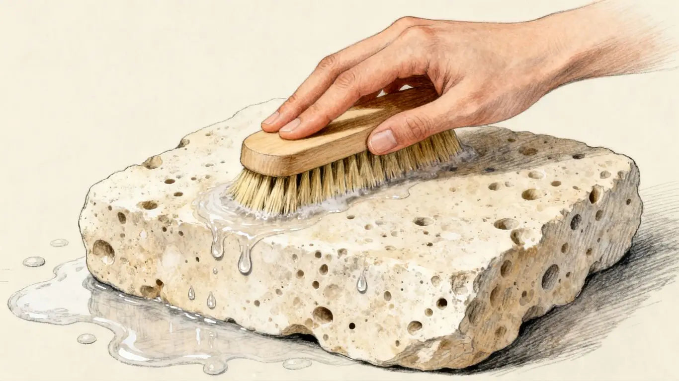 Sketch of cleaning a limestone surface with a brush.