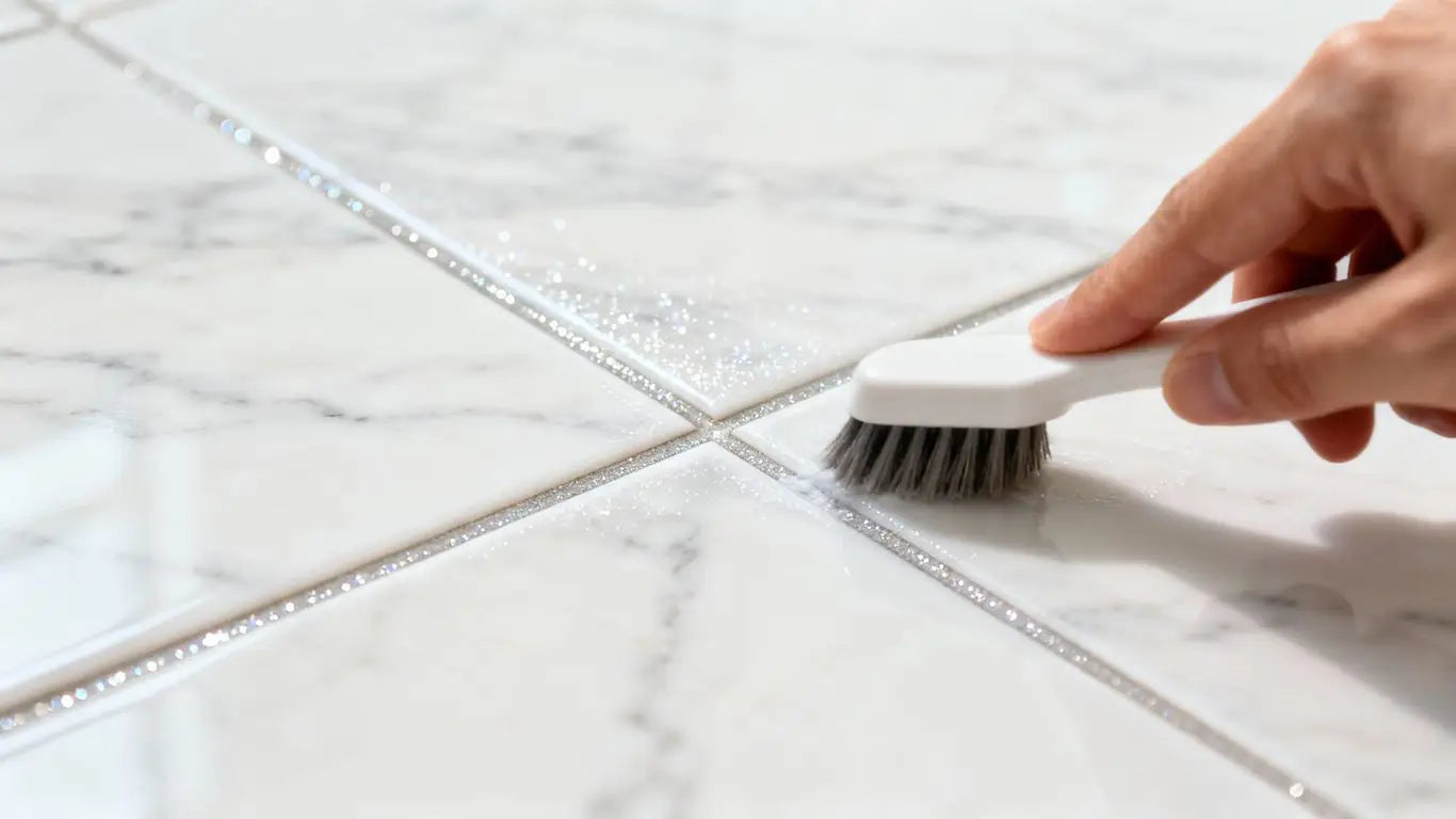 Sparkling clean marble tile grout with a cleaning brush.