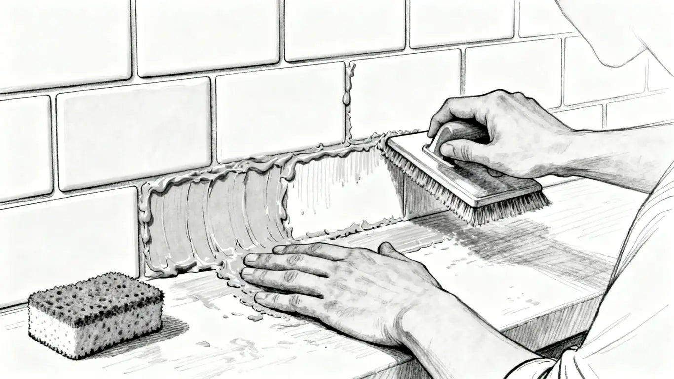 Applying grout to a kitchen backsplash.
