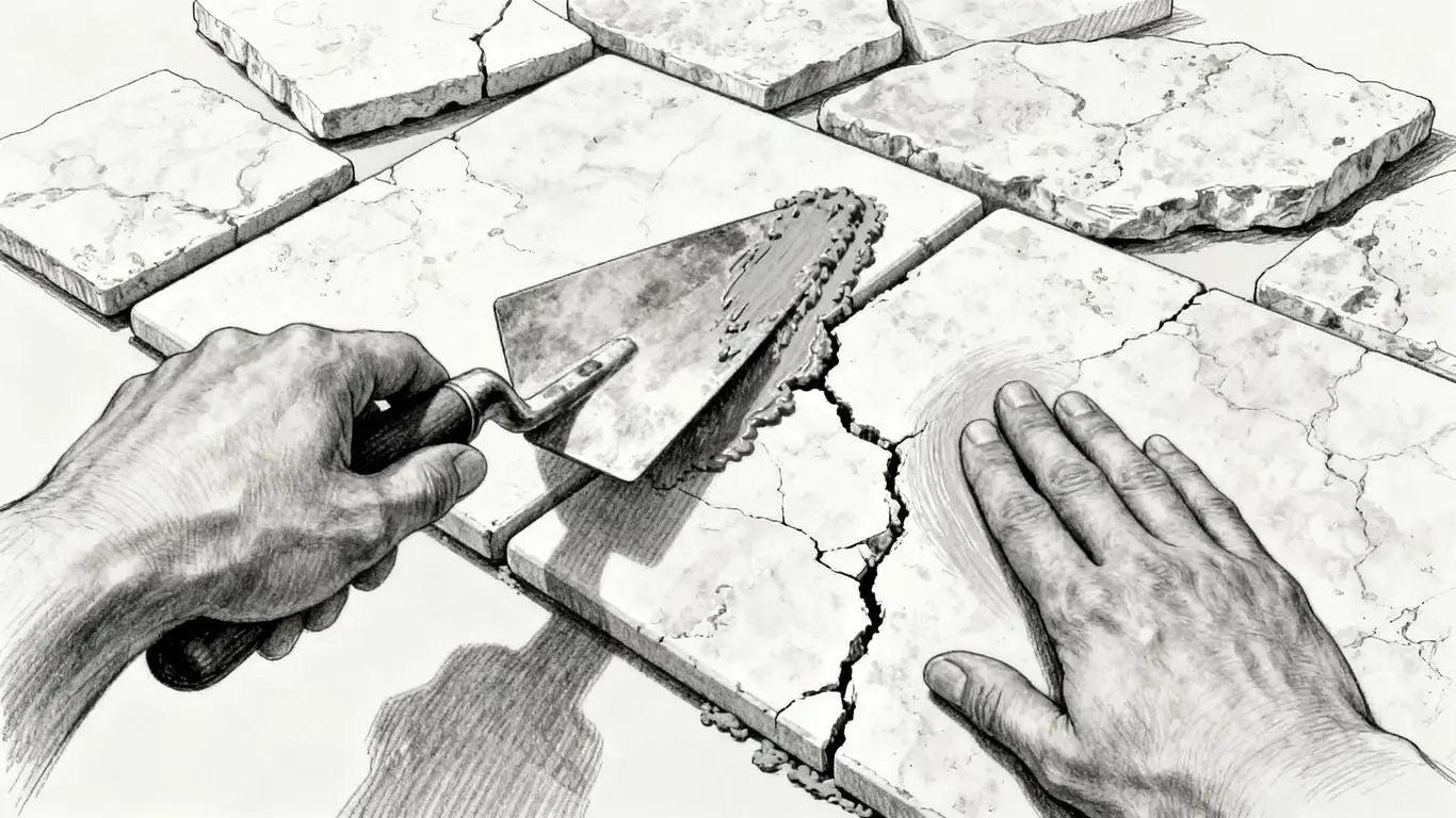 Repairing a cracked travertine tile with grout and polishing.