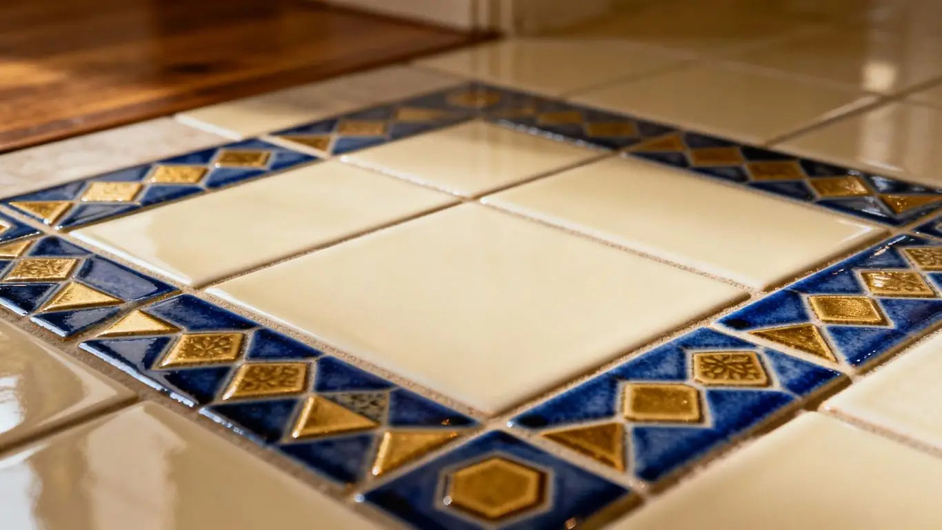 Elegante borde de suelo de baldosas con patrones geométricos.