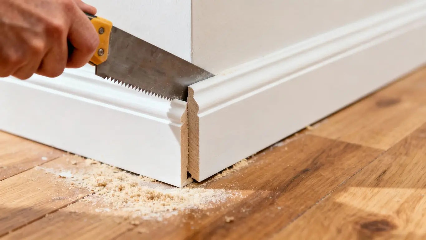 Cutting white quarter round trim with a miter saw.