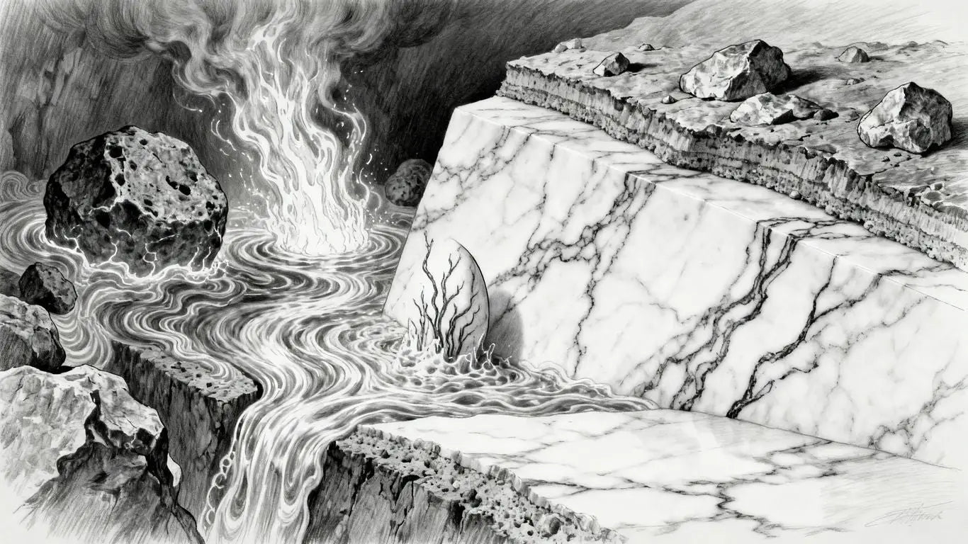 石灰石在地质作用下转化为大理石。