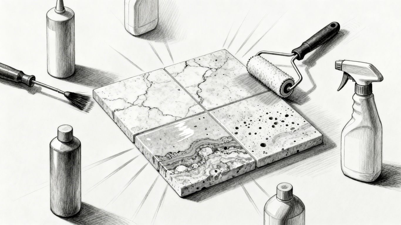 Travertine tile sealant options and application tools sketch.
