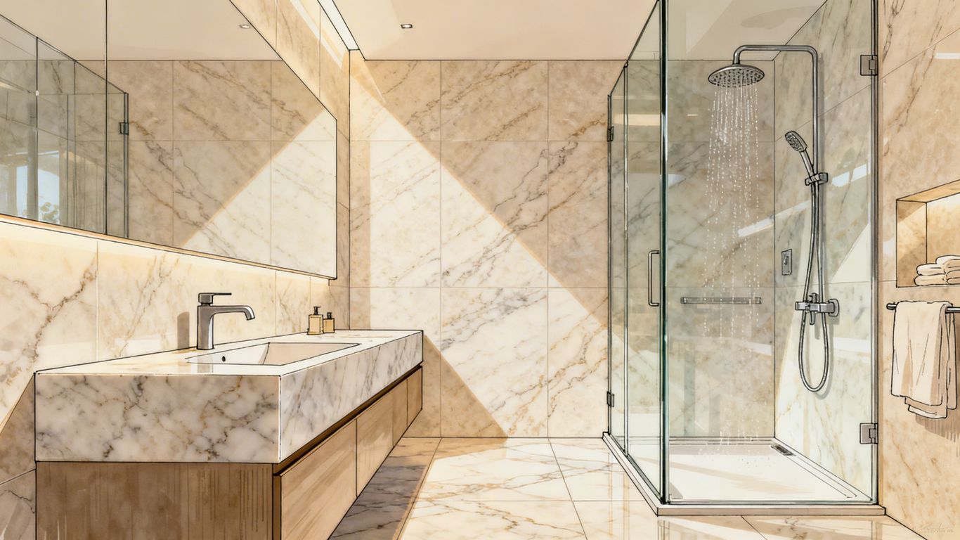 Sketch of a modern bathroom with quartz tiles.