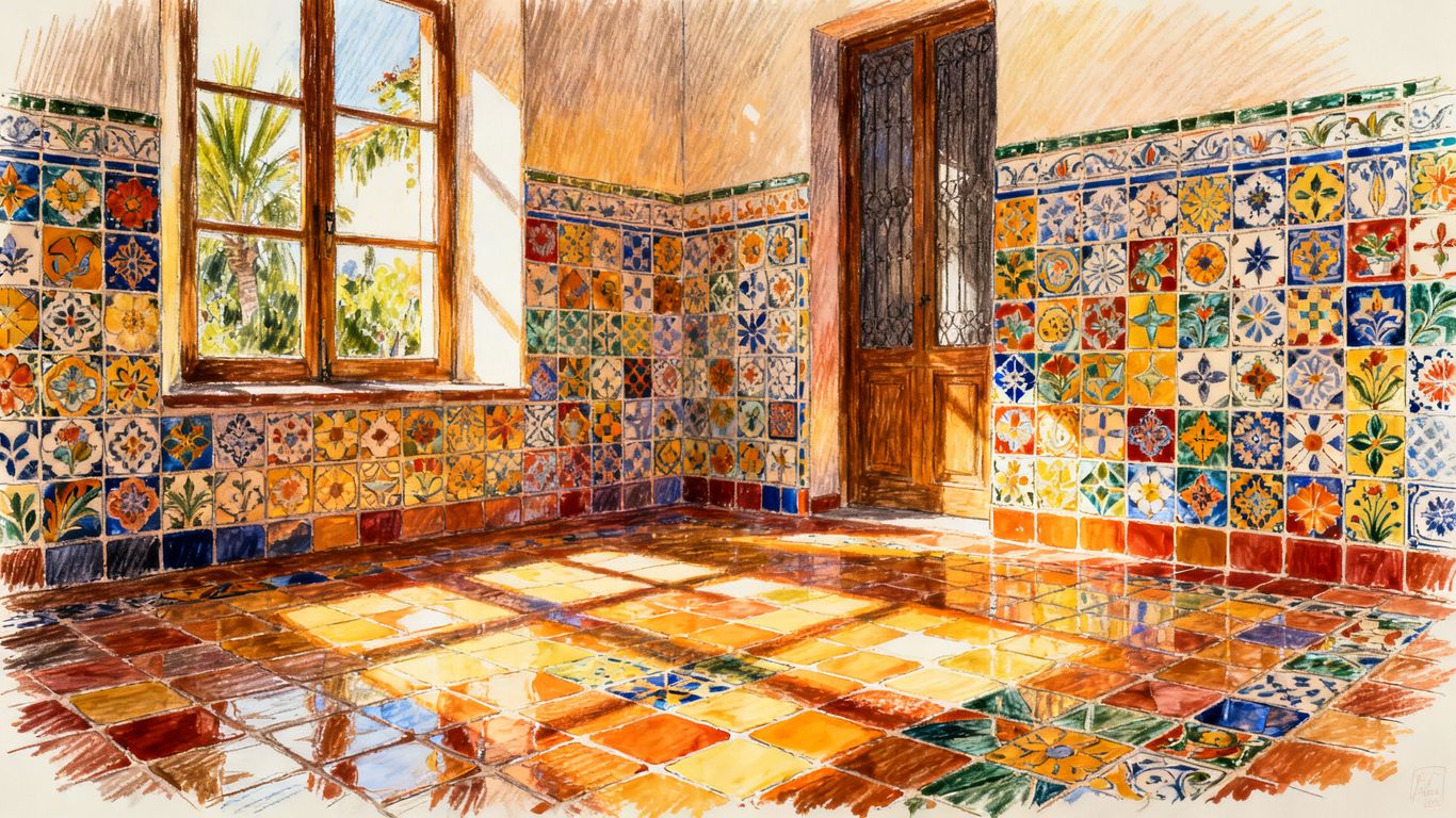 Boceto de coloridos azulejos de Tijuana en una habitación iluminada por el sol.