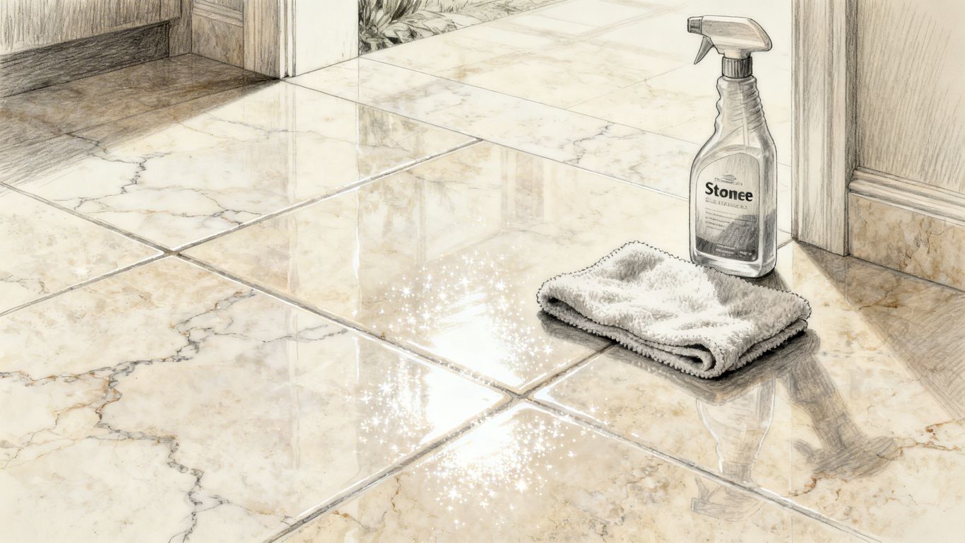 Sparkling travertine floor with cleaning supplies sketch.
