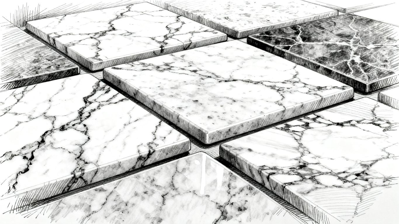 Variety of quartz tile designs and textures illustrated.