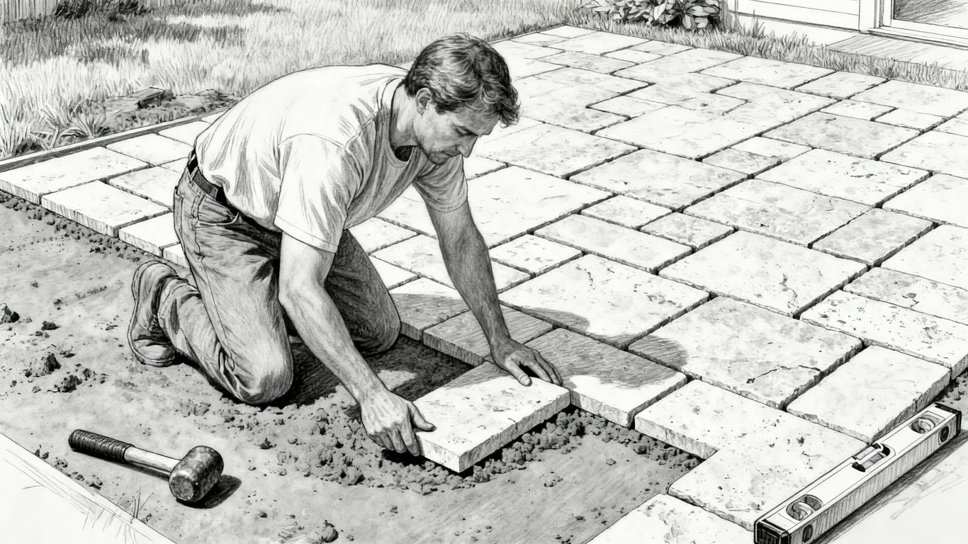 Installing travertine pavers over concrete patio.
