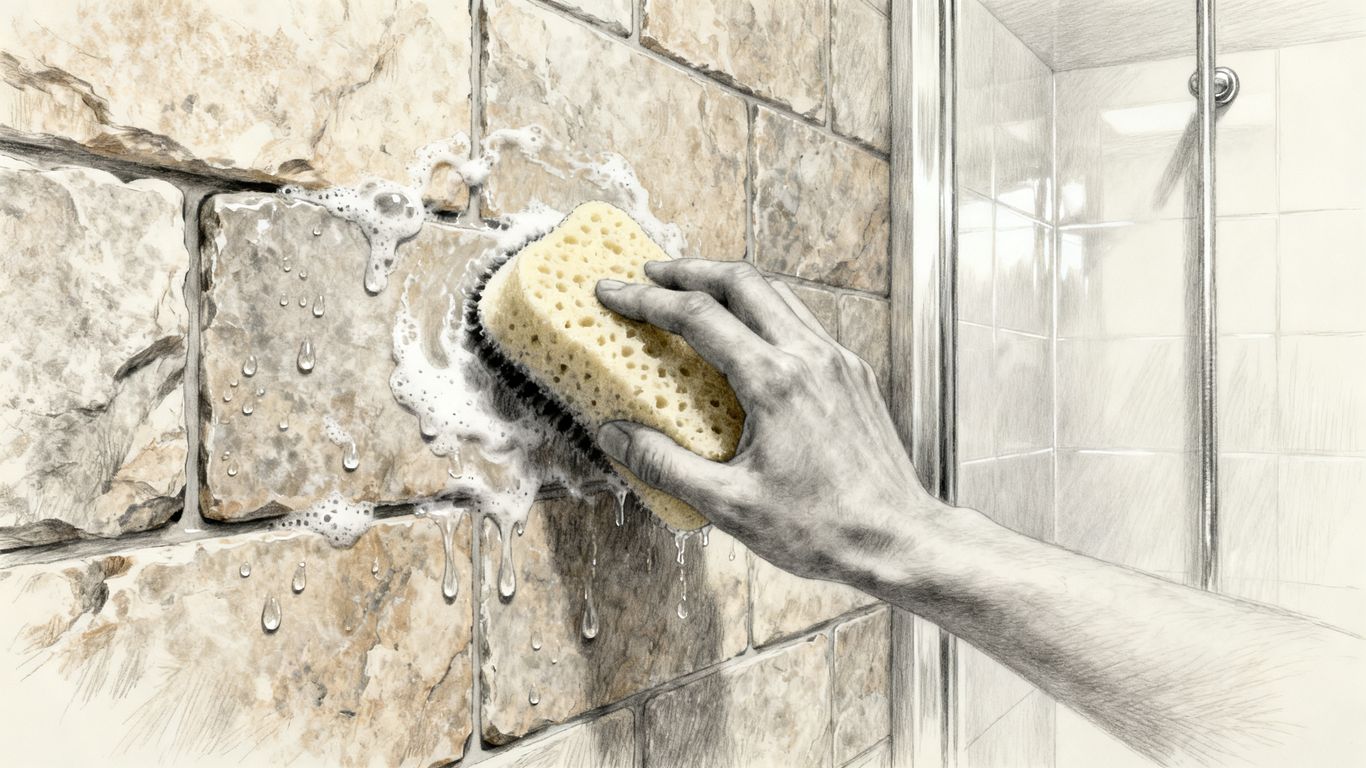 Sketch of cleaning a natural stone tile shower.