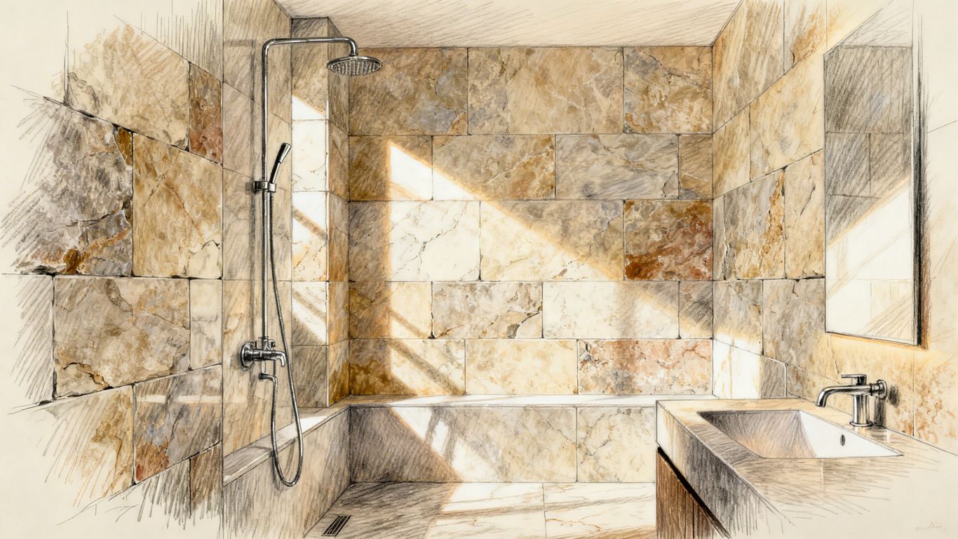 Diseño moderno de ducha con azulejos de piedra boceto